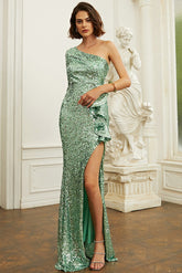 Elegantes vestidos de noche verdes de una manga con abertura alta